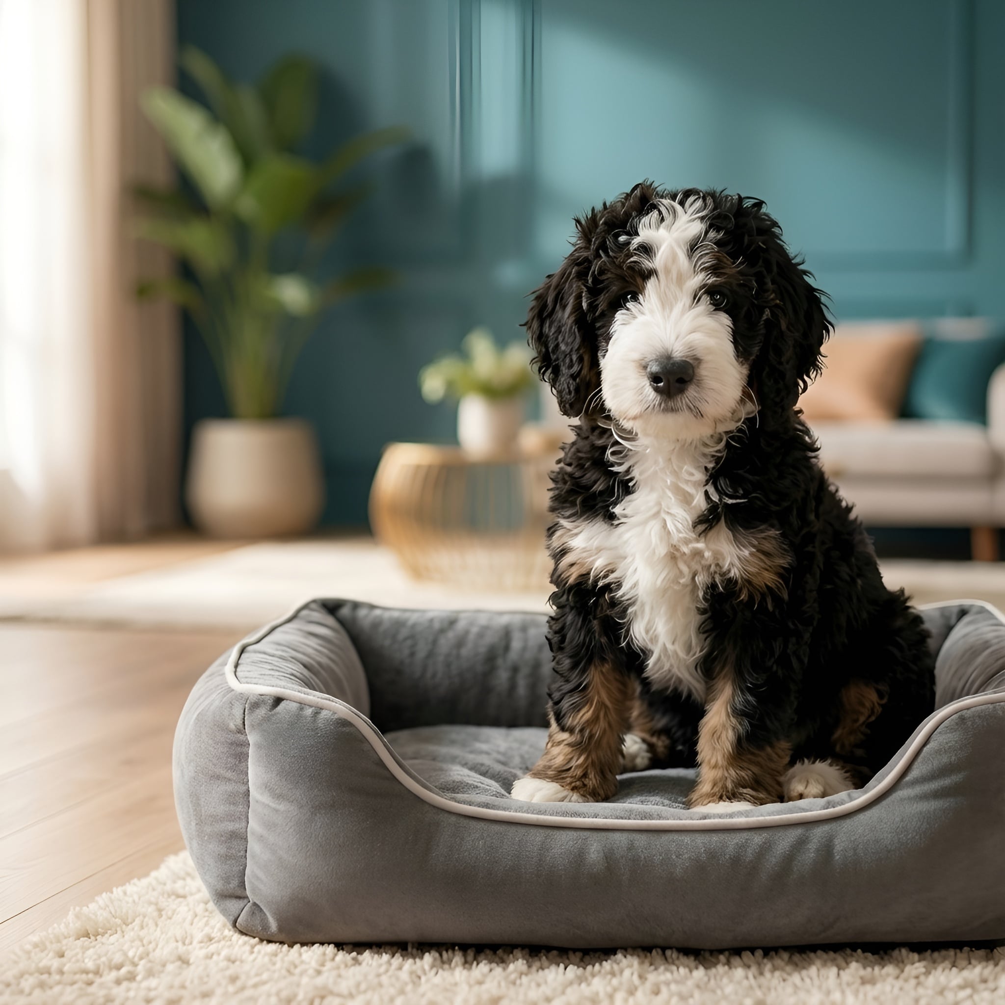 A tri-color F1B Bernedoodle puppy at home